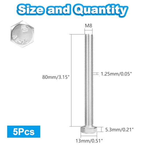 5 Pcs M8 Hex Bolts M8-1.25 x 80mm Hex Head Screw Bolt 304 Stainless Steel M8-1.25mm Hexagon Bolts Hex Head Screws, Metric Machine Fully Thread, Bright Finish - size: M8-1.25 x 80mm