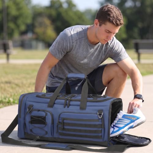 50L Tactical Gym Bag for Men and Women with Shoe & Laptop Compartment | Extra Large Duffle Bag, 3-in-1 Travel Sports Duffel Bags MOLLE Weekender Overnight Bag for Gym, Travel, Black+ Blue - color: Black+Blue