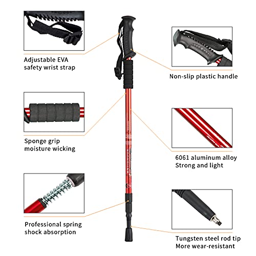 Aihoye Trekking Poles,Adjustable Shock Absorbing Hiking Walking Stick-2Pcs | Aviation aluminum,Collapsible, Lightweight, All-terrain walking poles, Carry bag included - color: red