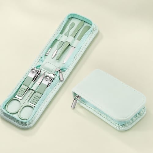 7Pcs Light Green Nail Care Kit, Professional Stainless Steel Manicure Pedicure Set, Travel Grooming Essentials in Zipper Pack for Purse or Suitcase