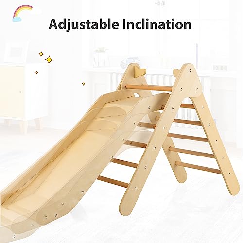 OLAKIDS Pikler Triangle Set 2 in 1 Climbing Toys for Toddlers Foldable Wood Montessori Baby Jungle Gym with Ladder Ramp Slide Kids Indoor Playground Activity Play Structure - color: Natural