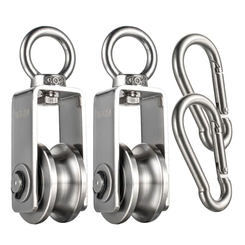 Pulley Wheel with Carabiner, Bearing Inside, Stainless Steel, Rope Cable Pulley for Pulley System, 2 Pack - size: Swivel Pulley with Carabiner