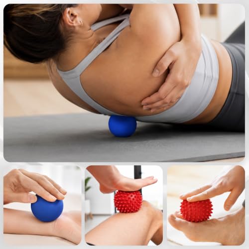 Physical Massage Therapy Ball Set: Lacrosse & Spiky Ball Set for Myofascial Release, Plantar Fasciitis, Stress Relief for Back, Neck, Feet - for Home, Office, Gym - color: Blue-red-