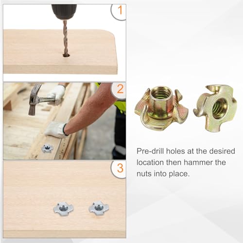 HARFINGTON M6x8mm T-Nuts 4 Pronged Tee Nut 0.69" x 0.31" Fully Thread Carbon Steel Inserts for Wood, Rock Climbing Holds, Cabinetry, Furniture 100pcs - size: M6x8mm, 17.5mm