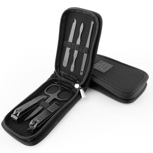 Nail Clipper Set – 7-Piece Portable Manicure & Grooming Kit with Stainless Steel Tools in Neoprene Case – Stay Organized, Purse-Friendly, Travel Essential for Women & Men (Black) - color: Black
