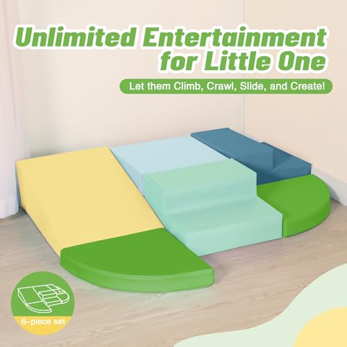 TODIBY 6-Piece Soft PU Leather Toddlers Climbing Toys, Baby Foam Climbing Blocks for Toddlers 3, Foam Play Gym Climbing Structures, Indoor Climb and Crawl Activity Play Set (Light Blue and Green) - style: Macaroon/Light Blue/Green