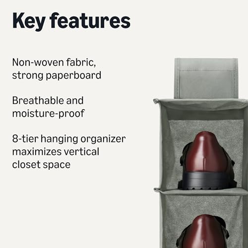 Amazon Basics 8-Tier Hanging Closet Shelf Shoe Organizer, Space Saving Storage, Foldable, 11.5 x 41 x 5.5 in, Dark Grey | for Closet Storage