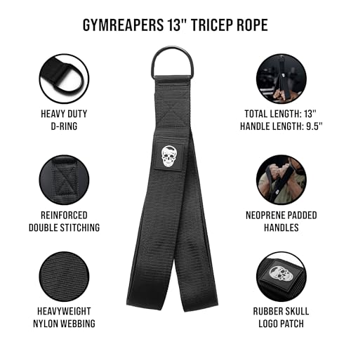 Gymreapers Tricep Rope Cable Attachment - Multi-Workout Tricep Pull Down Cable Attachment - Perfect Gym Cable attachments (3 Lengths Built in One) - color: Black, size: Tricep Strap - 13"