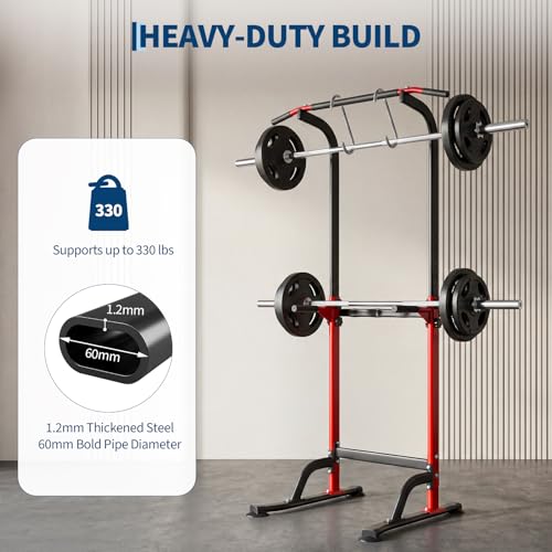 Power Tower Pull Up Bar Station - 330 LBS Stable Multi-Function Gym Dip Station for Home Strength Training Equipment - 10 Adjustable Heights Heavy Duty Pull-Up Tower with h-Shaped Base & Push-Up - color: Red