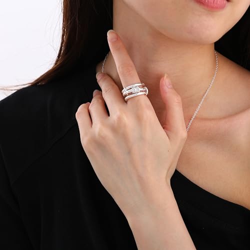 Gold Stackable Rings for Women Non Tarnish, Dainty 14K Gold/Silver Plated Cubic Zirconia Spinelli Ring Chunky Multi Rings Mixed Metals Ring Stack Set Non Tarnish Jewelry - color: Plain-Silver, size: 9