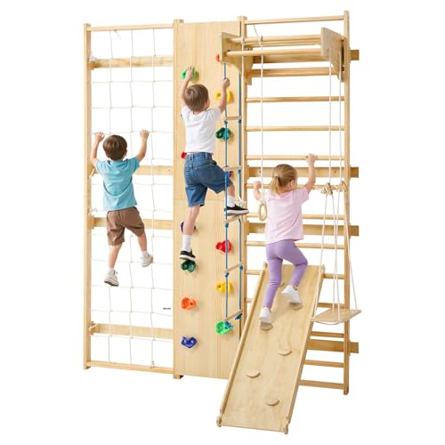 VEVOR Swedish Ladder Wall Gym, 9-in-1 12-Level Solid Wood Gymnastic Stall Bars for Kids Adults, 220LBS Indoor Jungle Gym with Rock Climbing Wall, Gym Rings, Pull-Up Bar, Climbing Board, Slide, Swing - style: 12-Level 9-in-1