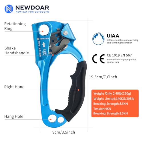 UIAA & CE Certified Hand Ascender Rock Climbing Tree Arborist Rappelling Gear Equipment Rope Clamp for 8~13MM Rope - color: Blue Pro-Right