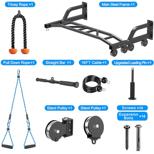 SELEWARE 48'' Heavy Duty Wall Mount Pull Up Bar with Cable Pulley System | Multi-function Chin up Bar with Cable Pulleys LAT Pulldown Attachments Heavy Bag Hanger for Home/Garage Gym Strength Training - color: A. Black Pull Up Bar with Cable Pulley System