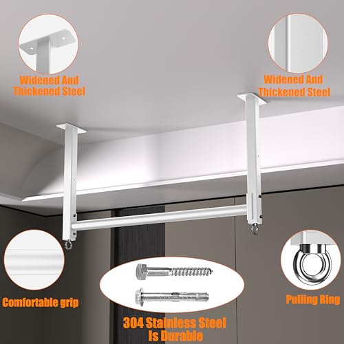 Ceiling Mounted Pull Up Bar, Heavy Duty 700 LBS Multi Grip Pull Up Bars, 16"/24" Rafter Chin Up Bar, Ceiling Joist for Garage/Gym/Basement with Comfortable Grip & Round Anchors, Easy to Install - color: White