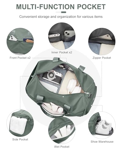 Gym Bag for Women Men with Shoe Compartment, Sport Duffel Bag, Waterproof Travel Weekender Overnight Carry on Bag for Yoga with Trolley Sleeve, Green - color: A5-Green