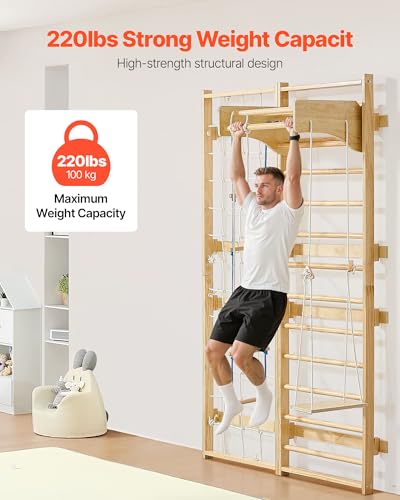 VEVOR Swedish Ladder Wall Gym, 8-in-1 12-Level Solid Wood Gymnastic Stall Bars for Kids Adults, 220LBS Indoor Jungle Gym Playset with Climbing Board, Gym Rings, Pull-Up Bar, Wall Ladder, Slide, Swing - style: 12-Level 8-in-1