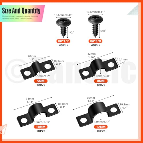 Tanstic 40Pcs Black Two Hole Pipe Strap, 3/16” 5/16” 3/8” 1/2” Two Hole Strap U Bracket Rigid Pipe Strap Pipe Strap Clamp with Phillips Modified Truss Head Wood Screws for Fixing Conduit, U Bracket - size: 5/8/10/12mm