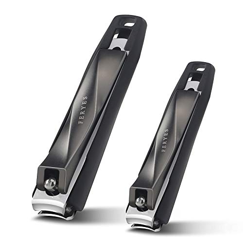 FERYES Nail Clippers with Catcher 2 PCS Set, No Splash Fingernail Clipper and Toenail Clipper, Stainless Steel Nail Cutters - W/Black Metal Case Packing - color: Black 2pcs