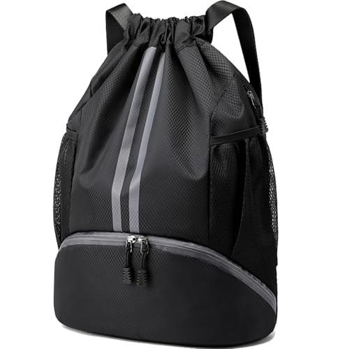 Hoedia Sports Drawstring Backpack - String Swim Gym Bag with Shoes Compartment and Wet Proof Pocket for Women&Men | String Bag with Shoes Compartment and Wet Proof Pocket, Adjustable Wider Shoulder Strap, For Soccer, Basketabll, Volleyball - color: Black,
