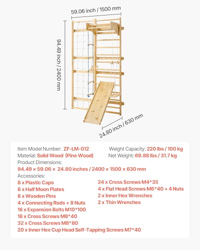 VEVOR Swedish Ladder Wall Gym, 8-in-1 12-Level Solid Wood Gymnastic Stall Bars for Kids Adults, 220LBS Indoor Jungle Gym Playset with Climbing Board, Gym Rings, Pull-Up Bar, Wall Ladder, Slide, Swing - style: 12-Level 8-in-1