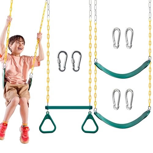 TURFEE 3 Pack Assorted Swing Set, Including 1 Gym Rings Trapeze Bar and 2 Pcs Swings with Plastic Coated Chain, Swingset Accessories Replacement for Kids Outdoor Play, Playground- Green - style: Swing set+1 Gym rings
