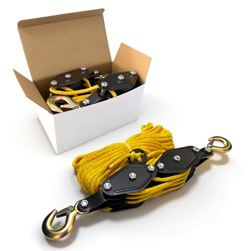 YATOINTO Rope Hoist Pulley System 4400LB, 65FT Pulley Block Tackle(Yellow) | 8:1 Ratio Lifting Power, Polypropylene Fiber Rope, Metal Bearing Structure, Black-coated Housing, Ideal for Towing Lifting - color: Yellow(Powder Coating)