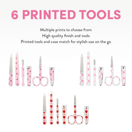 Éclat Manicure Pedicure Kit for Men & Women, 6Pcs Finger & Toe Nail Care Tools Includes Nail Clipper Cutter, Tweezer, File, Cuticle Pusher, Personal Care Professional Grooming Set With Travel Case - color: Mini Mani+pedi Print Set (6pc Cherry)