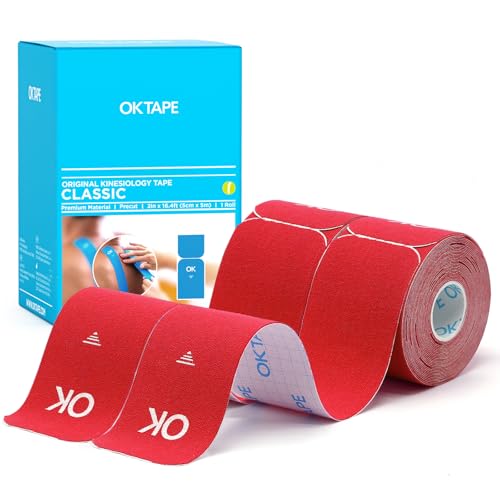 OK TAPE Precut Elastic Kinesiology Tape, 20 Strips, 2inch x 16ft, 2 Rolls | Sensitive Skin Friendly Latex Free Hypoallergenic Athletic Tape Roll for Muscle Joint Knee Waterproof Red - color: Red, size: 2 Rolls