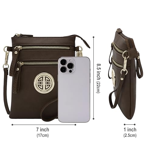Solene Small Multi Zipper Pockets Crossbody Bag with Detachable Wristlet - color: Coffee