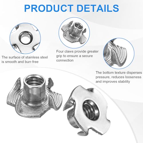 M METERXITY 10-Pack 1/4-UNC T-nut, 6/16" Barrel Length Stainless Steel 4-Pronged Tee Nut Threaded Insert for Wood/Rock Climbing Holds/Furniture, Corrosion Resistant Fasteners - size: 1/4-UNC