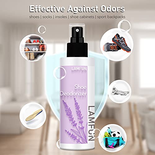 Shoe Odor Eliminator, Lamfun Deodorant Spray for Stinky Sneakers or Smelly Feet, Natural Shoe Deodorizer and Foot Deodorant Fight All Odors, Lavender, 150ml