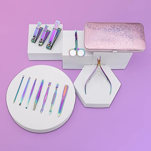 ANRUI Manicure Set Nail Clippers Pedicure Kit - 12pcs Stainless Steel Nail Kit, Colorful Professional Nail Care Kit Nail Files & Scissors Tools for Hands Foot Facial - Pink