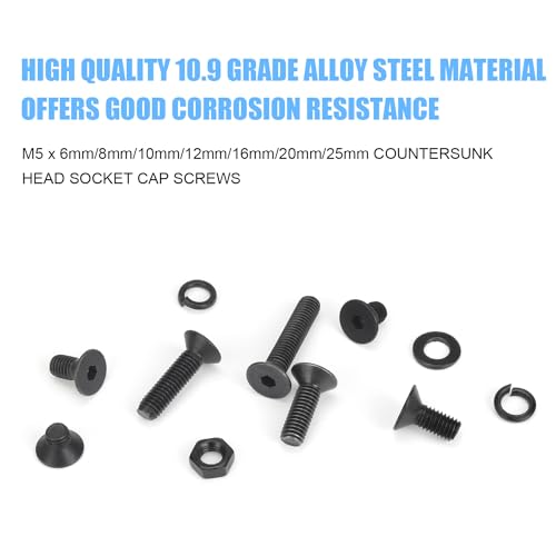 DYWISHKEY 246 Pieces M5 Black Screws, 10.9 Grade Alloy Steel M5x 6/8 /10/12 /16/20 /25mm Countersunk Head Socket Cap Screws Bolts Nuts Washers Assortment Kit - size: M5, style: Countersunk Head Socket Cap