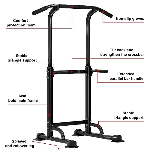 SogesHome Multi-Function Power Tower Pull Up Bar Dip Station for Home Gym | Height Adjustable PullUp Dip Stand, Full Body Strength Training Equipment, Fitness Workout for Push Ups Dips, 330LB Capacity - color: Black