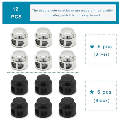 Enosea 12 Pcs Metal Cord Lock，Double Hole Draw String Clip Cord Stopper | Spring Toggle Stopper for Drawstrings, Shoelaces, Paracord