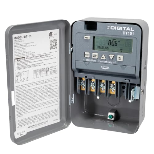 Intermatic DT101 24-Hour Digital Time Switch, 20 Amp 1-Circuit SPST, 120-277 VAC 50/60 Hz, Indoor Metal Enclosure, Battery Backup and Automatic Daylight Saving Time Adjustment