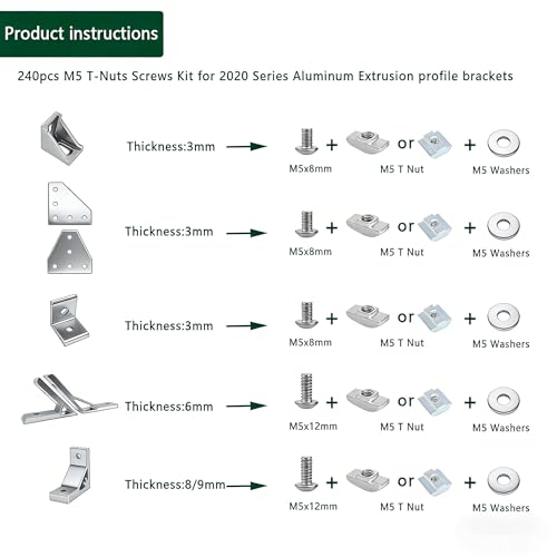 240pcs M5 T-Nuts Screws Kit for 2020 2040 8020 Series Aluminum Extrusion,40Pcs M5x8,40Pcs M5x12 Hexagon Socket Screws,40Pcs M5 T Sliding Nut,40Pcs M5 T Nut,80Pcs Washers - style: 240pcs 20 Series Screws Kit Silver