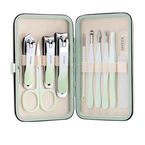 Manicure Set, 10 pcs High-Carbon Steel Nail Clippers Set, Portable Mini Manicure and Pedicure Kit, Travel Grooming Nail Kit with Leather Bag for Men and Women - color: Green