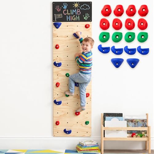 Rock Climbing Wall for Kids, 82.5 x 23.6 Inch Indoor Gym Playground Play Set with Drawing Blackboard, Wooden Climber & 18 Holds, Rock Wall for Home Gym Kids Ages 3+ Years, Easy Assembly