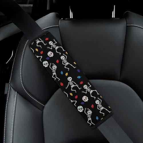 2 Piece Universal Fit Seat Belt Cover for Adult Use, Most Cars, Halloween Rock N Roll Dancing Skeleton Sugar Skulls Print Seat Belt Covers Cushion, Shock Absorption - color: Pattern 969