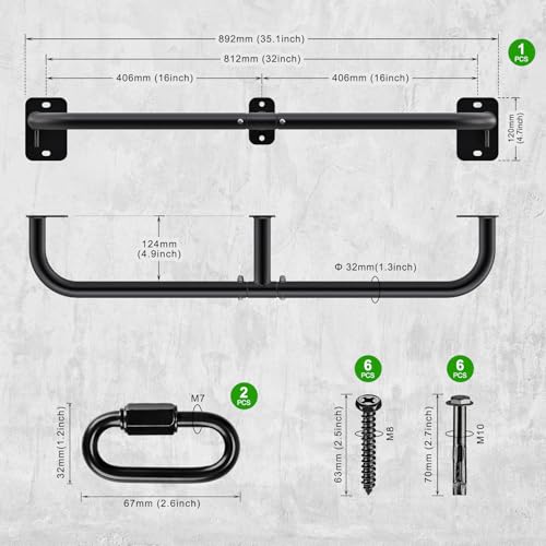 SELEWARE 32"/36" Wall Mount Pull Up Bar Joist Mount Chin Up Bar for Doorway | Heavy Duty Steel Construction Support 450 lb, w/Resistance Band Hooks, Fits 32"/36" Wall Studs for Home Gym Strength Training - size: A: 32" x 1.3" Dia Grip