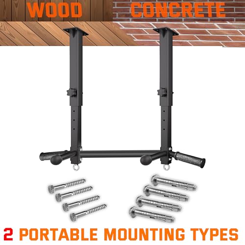 Ceiling Mount Pull Up Bar - 800 LBS Heavy Duty Adjustable Height Chin Up Bar with Ball Grips & TRX Anchors, Multi-Grip Overhead Workout Station for Garage, Basement & Home Gym