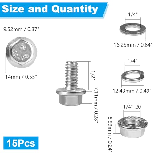 15 Sets 1/4-20 x 1/2" Flanged Hex Head Bolts Kits, 1/4-20 Flange Hexagon Screws and Nuts,Flat & Spring Lock Washers, 304 Stainless Steel 18-8,Fully Threaded - size: 1/4-20 x 1/2"
