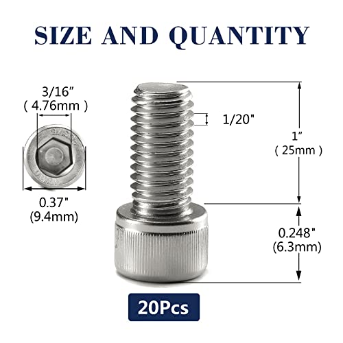 1/4-20 x 1 Socket Head Cap Screws Bolts, 20Pcs 304 Stainless Steel 18-8, Allen Socket Hex Drive, Full Thread, Bright Finish by SG TZH(with Hex Spanner) - size: 1/4-20 x 1"