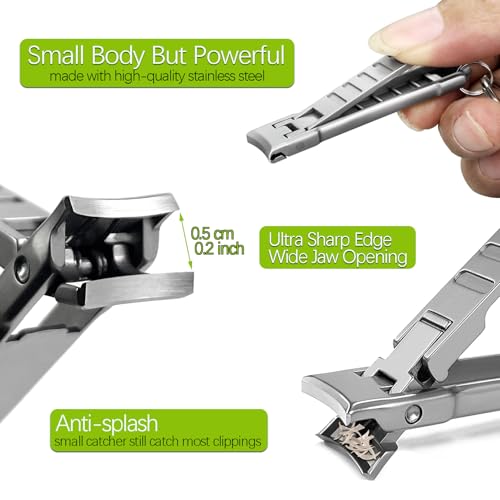 Portable UItra Thin Nail Clippers for Natural Fingernail and Toenails, Stainless Steel Sharp Wide Jaw Folding Travel Finger Nail Cutters with Keychain, Nail File and Earpick Set for Men, Adults - color: Set B