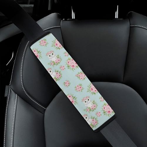 2 Pack Crown Pink Roses Light Blue Owl Floral Seat Belt Cover Universal Fit Seat Belt Cushion for Kids, Stroller Pushchair High Chair, Neck and Shoulder Support - color: Pattern 422