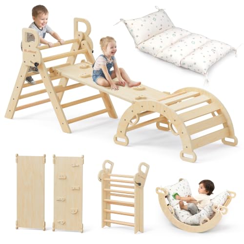 BlueWood Pikler Triangle Set with Cushion, Wooden Climbing Toys for Toddler | Foldable 8-in-1 Montessori Philosophy Toddler Climbing Toys Indoor with Reversible Ramp, Arch and Ladder - Natural Wood - color: Natural Wood