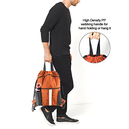BeeGreen Drawstring Backpack Bag with Shoe Compartment, X-Large Black Gym Sports String Cinch Backpack - color: Orange
