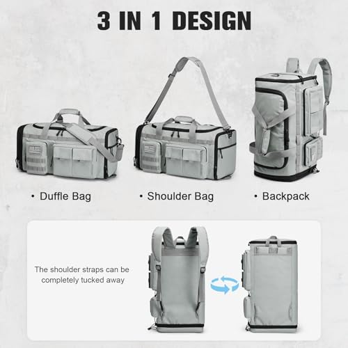 G4Free 3-in-1 Expandable Duffle Bag for Travel Gym, Large Duffel Backpack | 45L to 55L, with Shoes Compartment & Wet Pocket, for Men Women, Grey - color: Grey