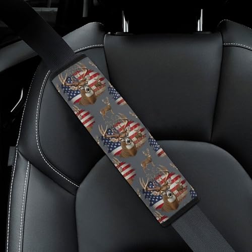2 Pack American Us Flag Hunting Deer Seat Belt Shoulder Pad Breathable Shoulder Harness Cover for Child, All Vehicles, Neck and Shoulder Support - color: Pattern 581